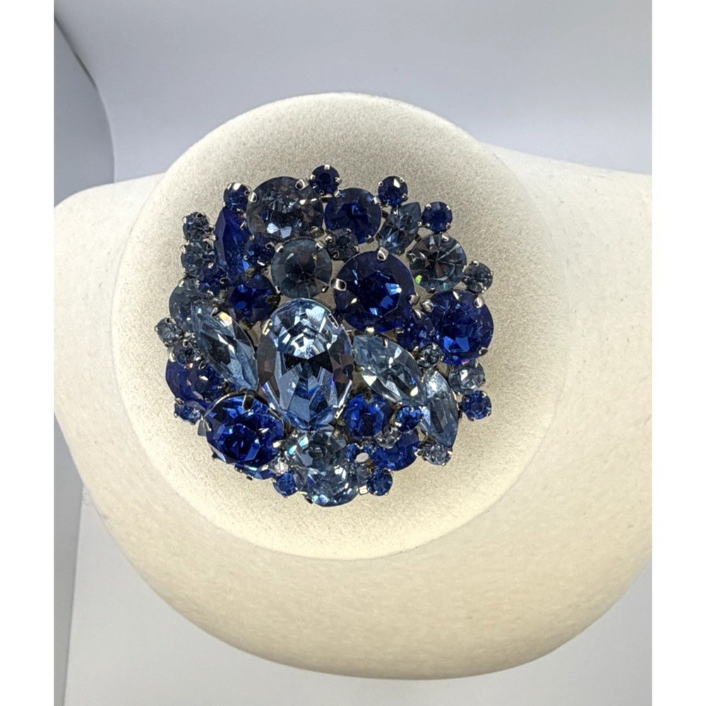 Vintage Austria Brooch Blue Rhinestone Pin Large Domed Layered Crystal Estate